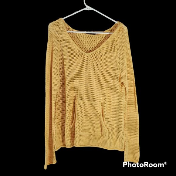 c.l.o.t.h.e.s. Hooded Pullover Sweater Womens XL Yellow Cotton Open Knit Beach - Picture 1 of 5